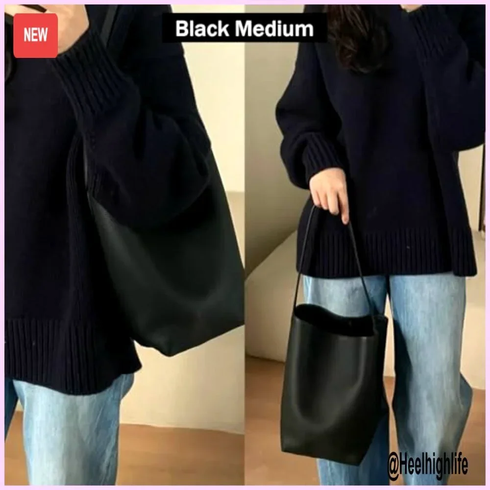Genuine Leather Bucket Tote Bag with Credit Card Holder Wallet